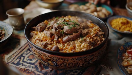 Authentic Uzbek Cuisine: Delight In A Variety Of Central Asian Dishes Like Pilaf, Samsa, Lagman, And More. Enjoy Homemade Lamb Pilaf In Cast Iron Cookware.