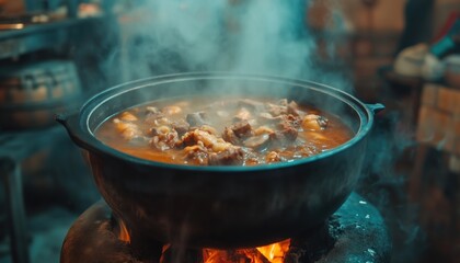 Fototapeta premium Traditional Hungarian Bograch Meat Soup: A Hearty European Dish With Five Types Of Meat, Perfect For Street Food And Charity Feeding Programs