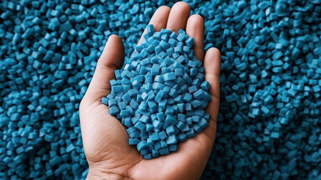 Close-up of a hand holding blue plastic polymer granules, with a background full of similar granules, indicating raw material for manufacturing or recycling.