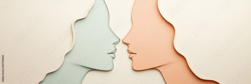 Poster two abstract faces in soft pastel colors face each other, symbolizing the essence of communication a