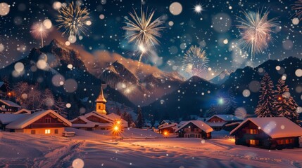 Fototapeta premium A beautiful winter village adorned with snow celebrates the New Year under a starry sky, as colorful fireworks illuminate the mountains