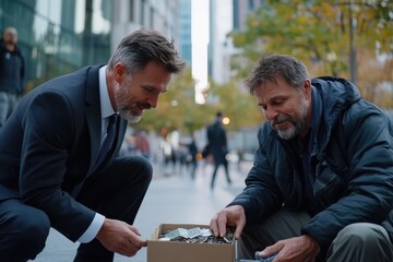 In an urban setting, a businessman crouches beside a homeless man, offering a box, capturing an unexpected moment of compassion and humanity between strangers.