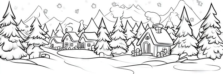 Obraz premium line drawing of christmas village - coloring book page