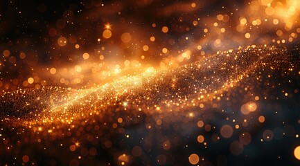 Fototapeta premium Abstract background with golden sparkling particles and bokeh lights on a black background.