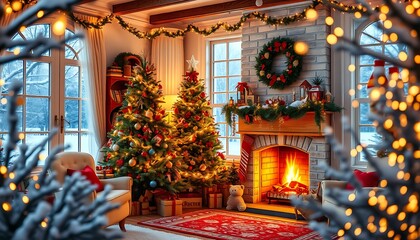 Fototapeta premium A cozy winter wonderland scene of a Christmas room, adorned with twinkling fairy lights.