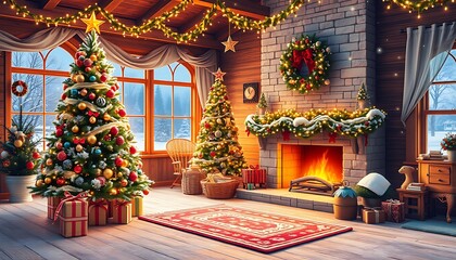 Fototapeta premium A cozy winter wonderland scene of a Christmas room, adorned with twinkling fairy lights.