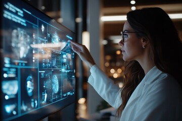 A scientist in a laboratory is engaging with a futuristic digital screen displaying complex data visualizations and holographic elements, showcasing advanced technology.