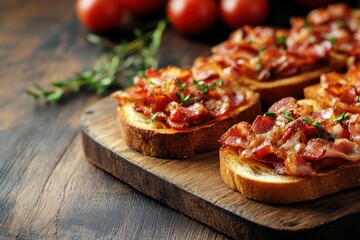 bacon toast selection, assorted bacon toast displayed on a wooden table, perfect for your text