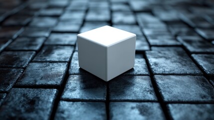 A white cube rests on a textured dark cobblestone surface, softly illuminated, creating an atmospheric contrast in lighting during the evening hours