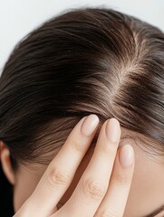 Fototapeta premium The close-up captures a woman hands as she thoughtfully examines her thinning hair, highlighting her concern about hair loss in a peaceful, intimate setting