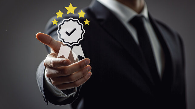 Excellence in service certification: A businessman presents a virtual award badge, symbolizing high-quality standards and customer satisfaction in business services.