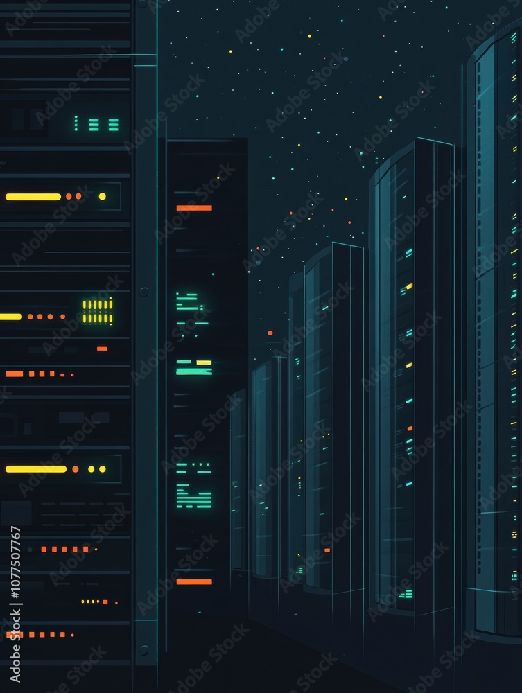 Fototapete servers are lined up in a dark space, displaying blinking indicators that indicate active data proce