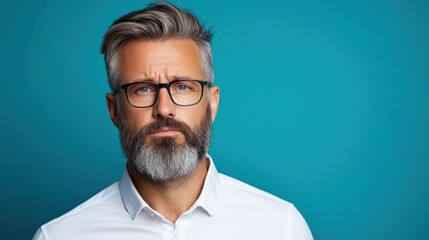 Fototapeta premium The man stands against a bright turquoise backdrop, wearing a collared shirt and glasses, conveying a sense of confidence and contemplation with a serious expression