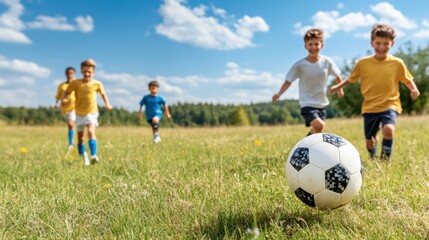 Naklejka premium A group of children runs eagerly towards a soccer ball rolling across a bright green field. The sunny afternoon highlights their excitement and playful spirit as they engage in the game