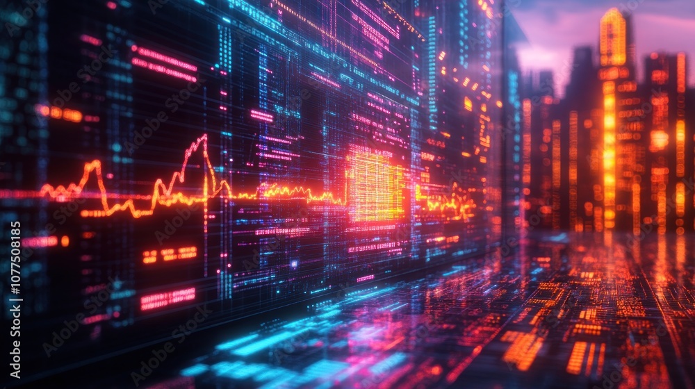 Wall mural a futuristic cityscape with a large screen displaying data and code in neon colors.