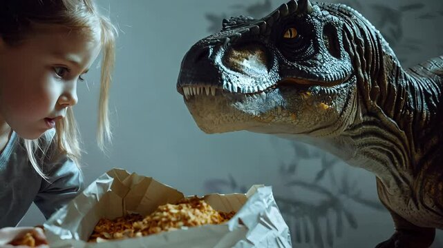 A curious girl interacts with a lifelike dinosaur by feeding it dry food straight from a bag. This playful moment takes place in a cozy living room setting, sparking imagination.