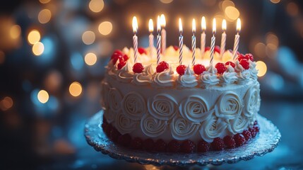 Delicious birthday cake with burning candles and raspberries celebrating a special occasion