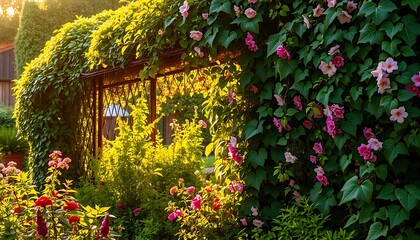 Fototapeta premium A lush, vibrant overgrown garden, teeming with life and bathed in the warm, golden light of a sun-drenched afternoon.