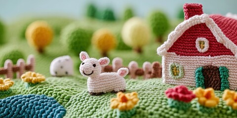 cozy farmyard scene made from yarn with vibrant modern style 