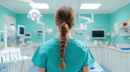 dental professional stands with her back facing, ready to begin a procedure in a bright, well-equipped clinic. environment is clean and organized, promoting a sense of professionalism