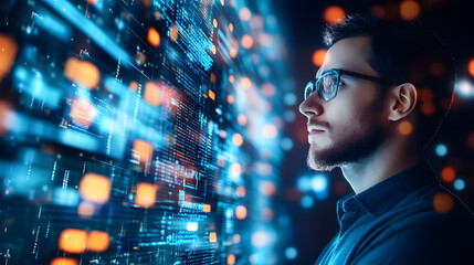 A security engineer troubleshooting a simulated cyber attack in a secure office environment surrounded by complex data screens.
