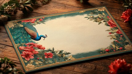 Indian wedding invitation on a table with peacock design " ai generator " 