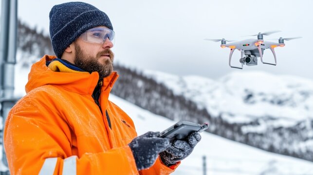 A professional in winter gear controls a drone while standing in a snow-covered mountain area. The operator uses a tablet to monitor the drone's flight in adverse weather conditions