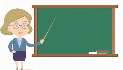 Cartoon teacher with round eyeglasses pointing at empty green chalkboard with wooden stick, ready to teach a new lesson