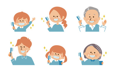 歯みがき　口臭ケア　三世帯家族のかわいいイラスト