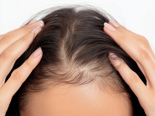 Naklejka premium With fingers gently placed on her scalp, the woman closely inspects her hair, revealing the beginnings of hair loss, reflecting concern and contemplation