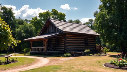 Obraz premium A quaint, rustic, wooden house with a sloping roof, surrounded by lush green trees and a winding dirt path, under a warm.