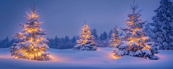 Christmas trees covered by snow glowing at twilight