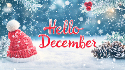 A cheerful "Hello December" written on a snowy scene. The text is designed in a fun style, along with a Christmas hat and mittens.