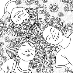 Aerial drawing of three diverse children lying in the grass, outline