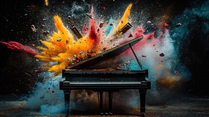 A grand piano exploding with colorful powder and debris.