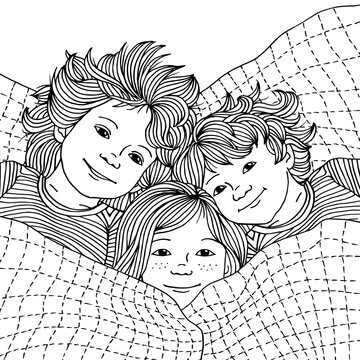 Black and white ink drawing of three diverse children at bedtime