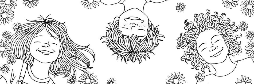 Black and white banner with three children lying on the ground