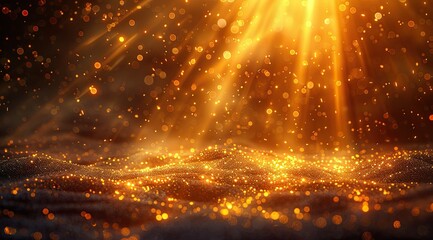 Golden light beams shining through shimmering particles, creating a dramatic and magical background.
