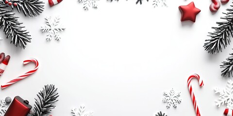 christmas template, minimalist, copy space in middle; modern styled; flat lay with snowflakes and candy canes