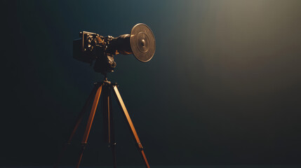 A classic movie projector stands on a tripod, ready to show a film. This image is perfect for promoting a movie festival or event.  It has space for your text and creates a nostalgic movie vibe.