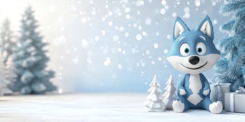 Adorable 3D animated cartoon wolf, christmas background, copy space