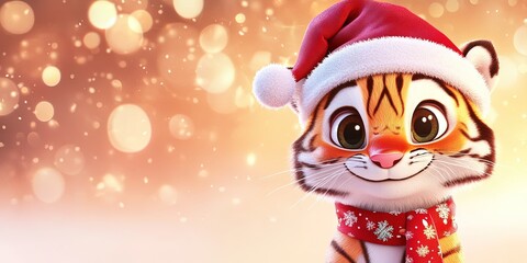Adorable 3D animated cartoon tiger, christmas background, copy space 