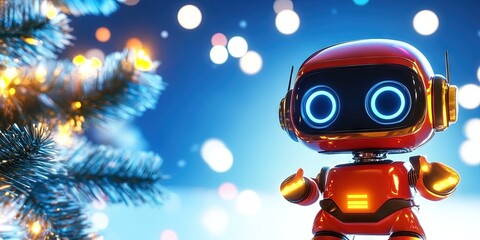 Adorable 3D animated cartoon robot, christmas background, copy space 