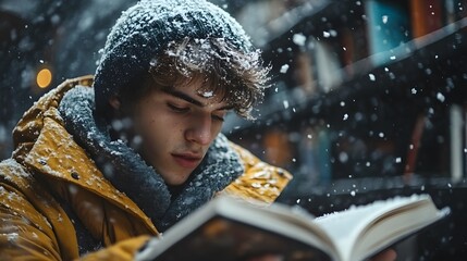 Young Man Reading in the Snow