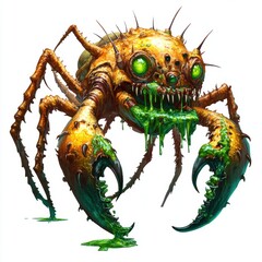 A monstrous spider-like creature with glowing green eyes and dripping slime.