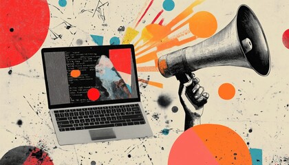 Modern Lifestyle Influence: A Collage Of Socil Media Addiction, Popularity, And Modern Lifestyle Depicted Through A Laptop, Loudspeaker, And Headline News.