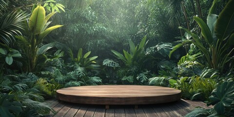 A rustic wooden podium on the forest floor of a tropical jungle, vibrant green plants and trees filling the scene