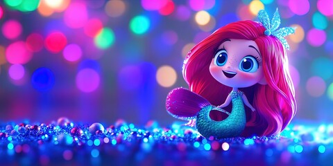Adorable 3D animated cartoon mermaid, christmas background, copy space 