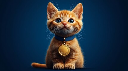 Obraz premium Ginger kitten wearing medal and blue ribbon on blue background
