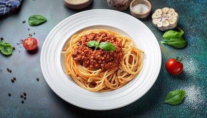 ホワイトプレートに盛り付けられたミートソーススパゲッティ。具材がたっぷりで、シンプルながらも美味しさが伝わる食事シーン。家庭的で温かい雰囲気が広がります。
